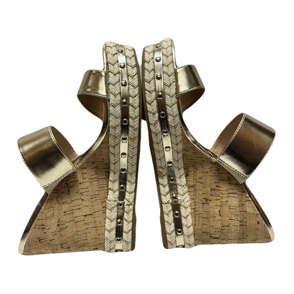 NEW BCBGeneration Nexti Cork Wedge Sandal Womens Size 10 Platino Gold Vegan Lthr - Picture 5 of 10
